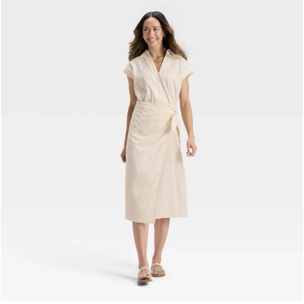 Universal Thread Women's Faux Wrap Shirt Dress Cream And Beige Tie Waist SZ. S